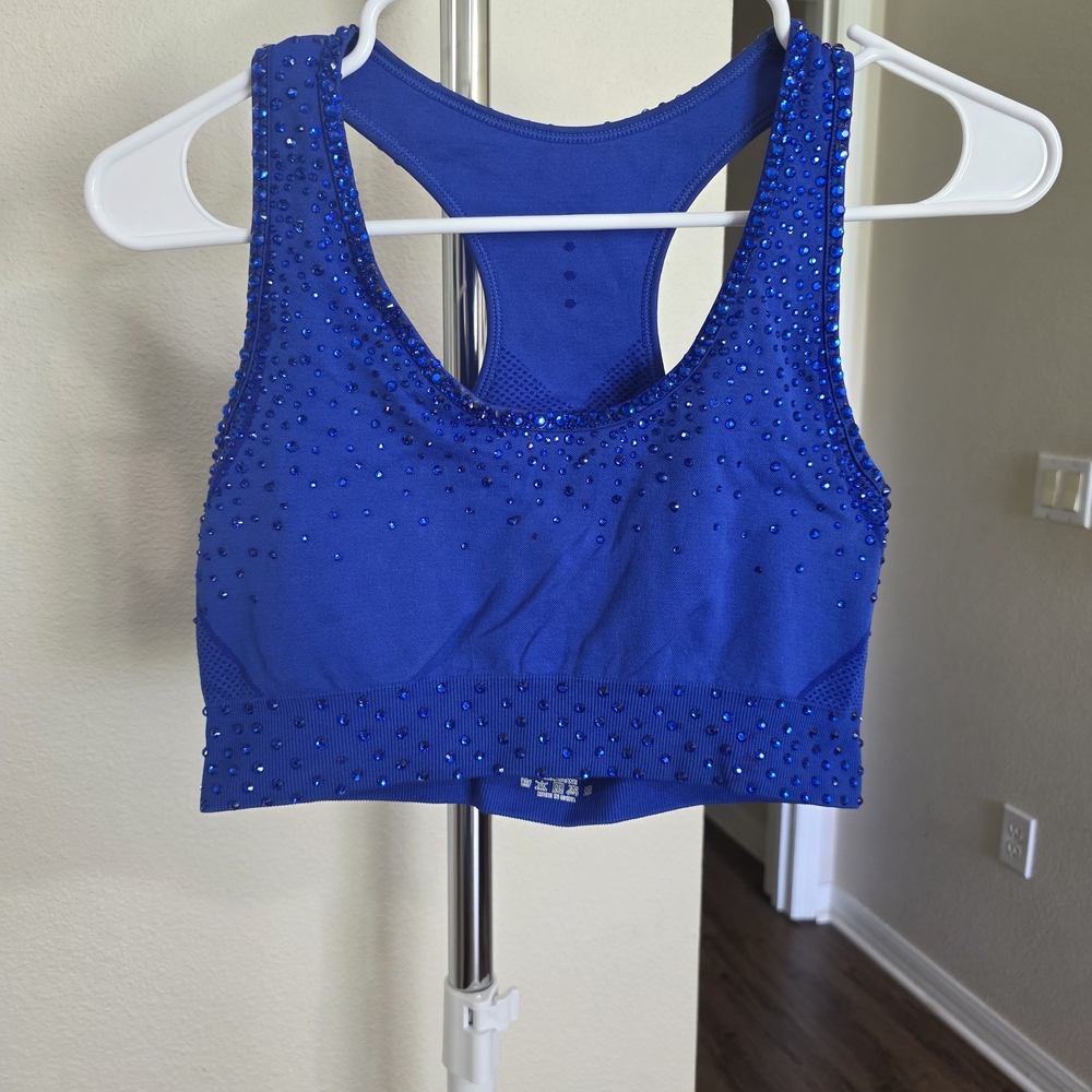 Blue Rhinestone Embellished Sports Bra And Shorts